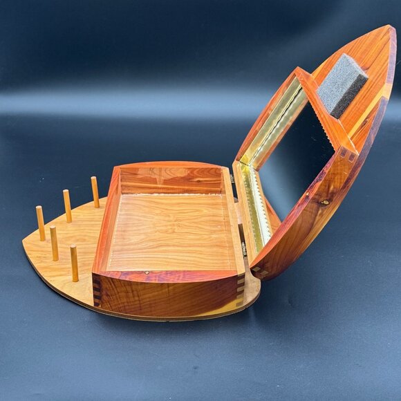 Vintage Heart Shaped Cedar Jewelry Box Mirror Necklace Ring Pegs Handmade Wooden - Picture 7 of 8